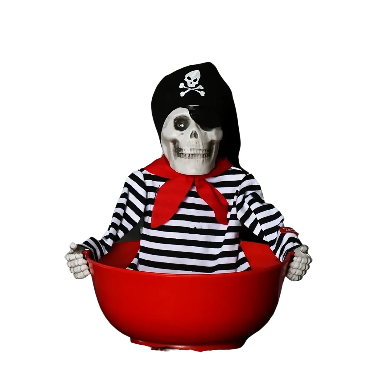 Plastic pirate skeleton figurine with black hat striped shirt and red scarf for halloween skeleton candy bowl decoration