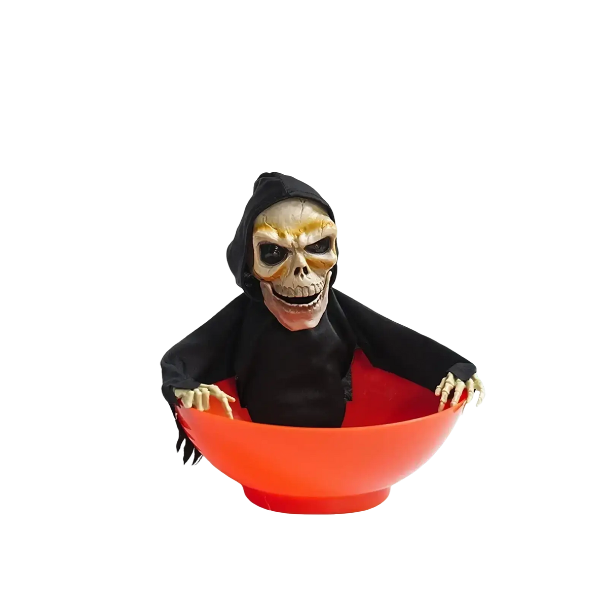 Halloween skeleton candy bowl featuring a gold-tinged skull figure in a black robe seated in a red plastic bowl from mainland china