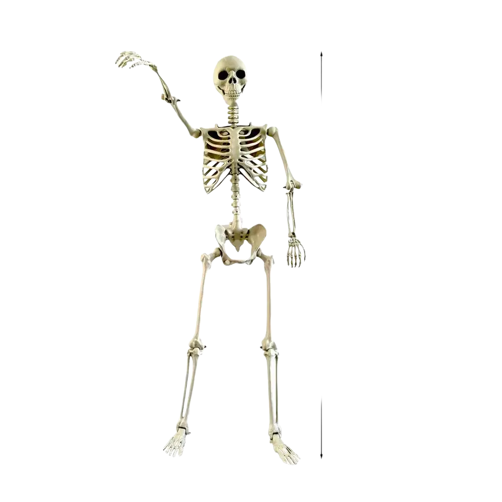 A 90cm beige plastic halloween skeleton with articulated joints and waving pose for garden decor and haunted house