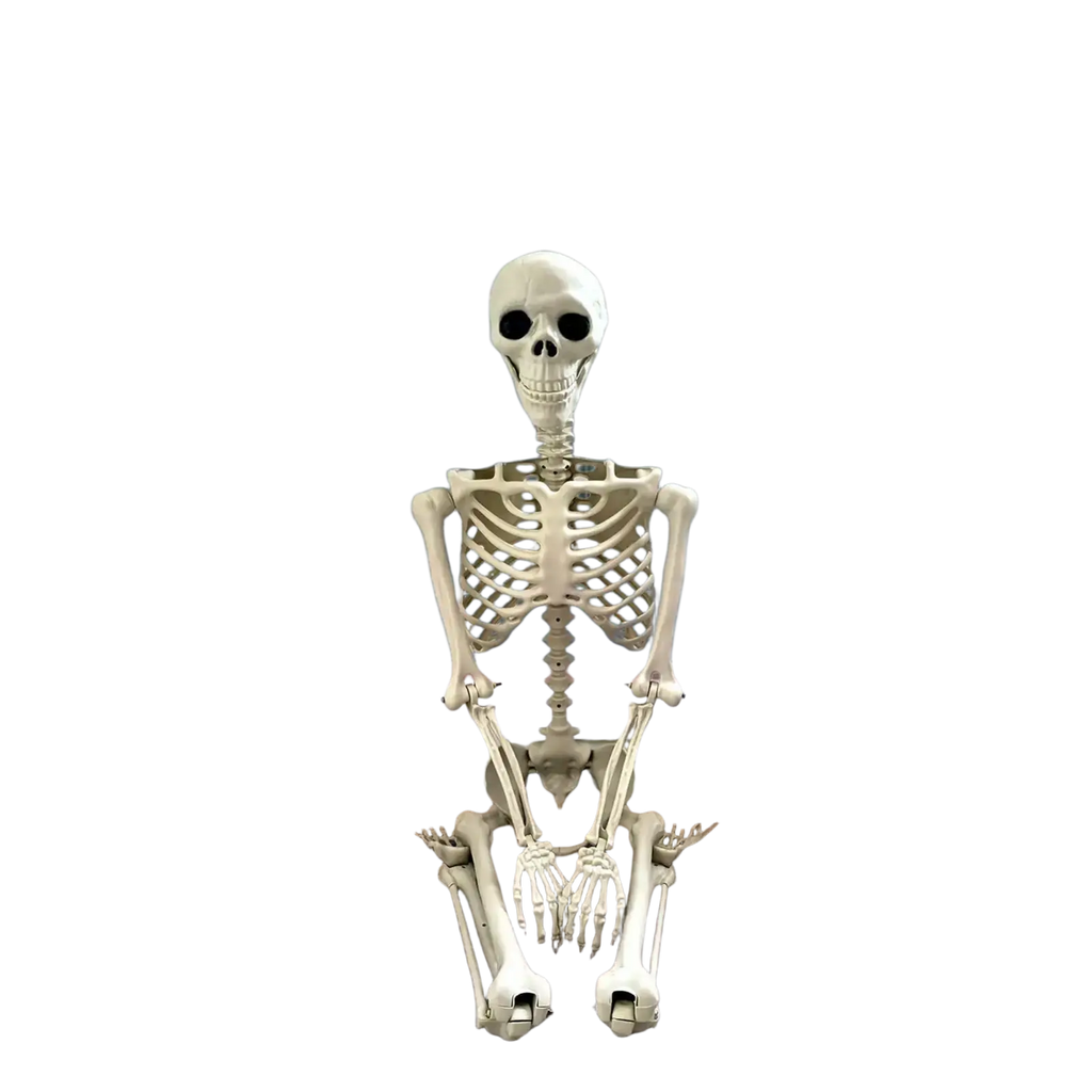 White plastic halloween skeleton figurine posable garden decor sitting upright on a porch for haunted house display