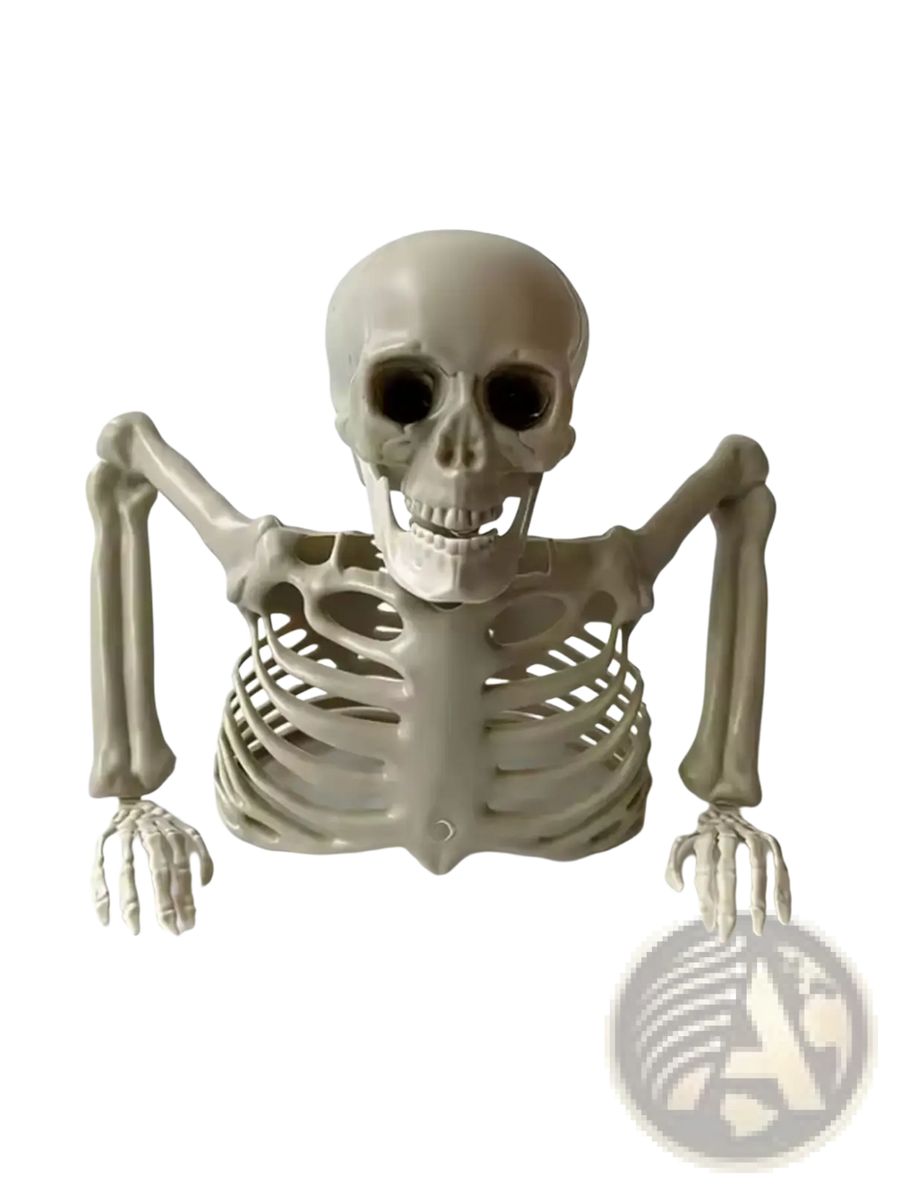 A beige plastic skeleton figurine with articulated arms in a seated pose for halloween indoor outdoor decor
