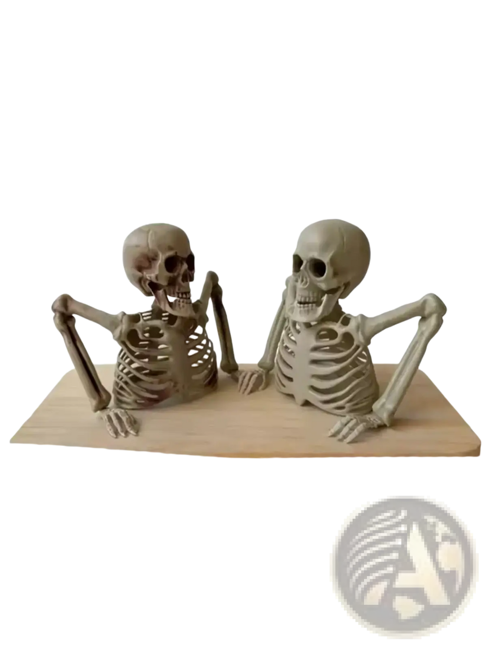 Two beige smooth material skeleton figurines seated on wood base halloween skeleton props indoor outdoor decor