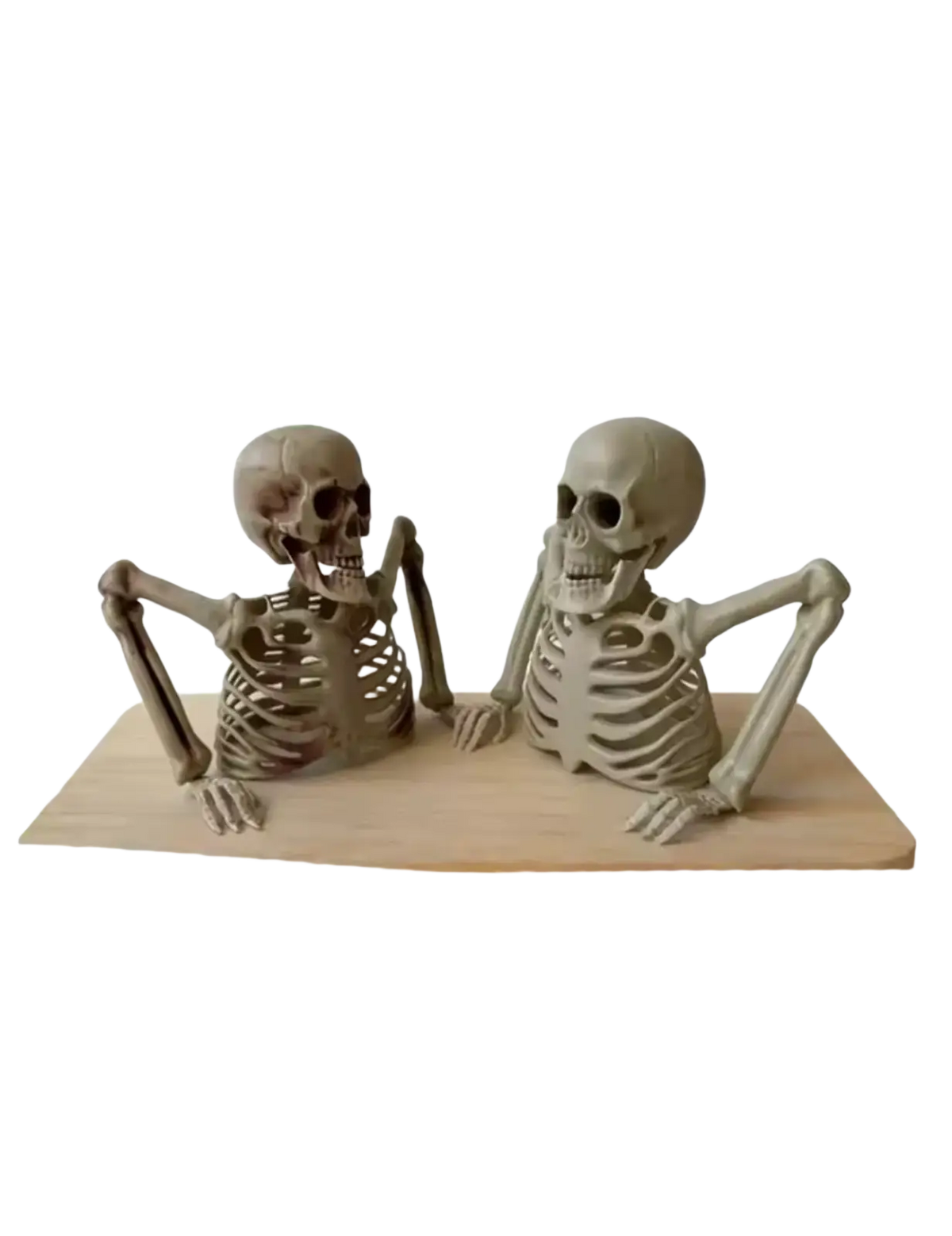 Two beige smooth material skeleton figurines seated on wood base halloween skeleton props indoor outdoor decor