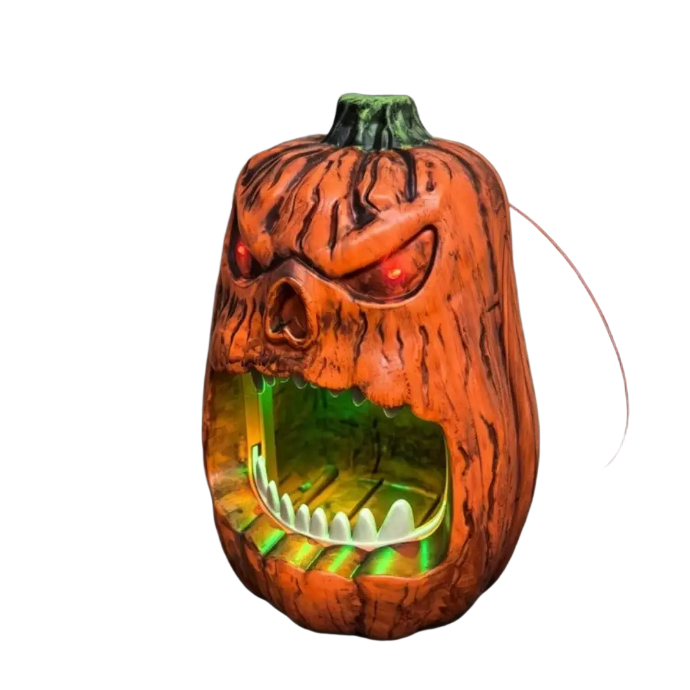Orange halloween skull pumpkin candy storage box with menacing glowing red eyes and green interior lighting