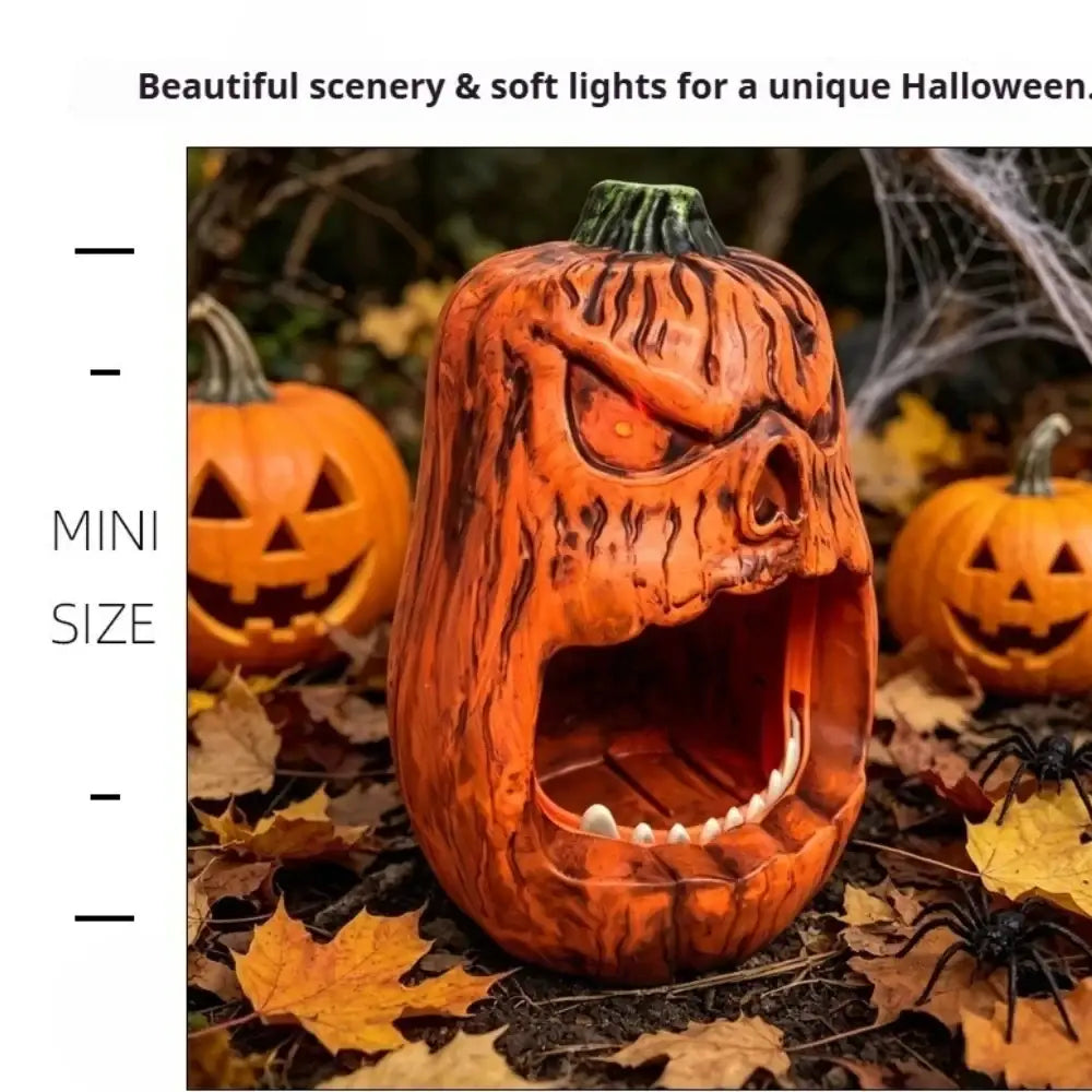 Halloween skull pumpkin candy storage box with glowing red eyes and white teeth carved in orange pumpkin lantern