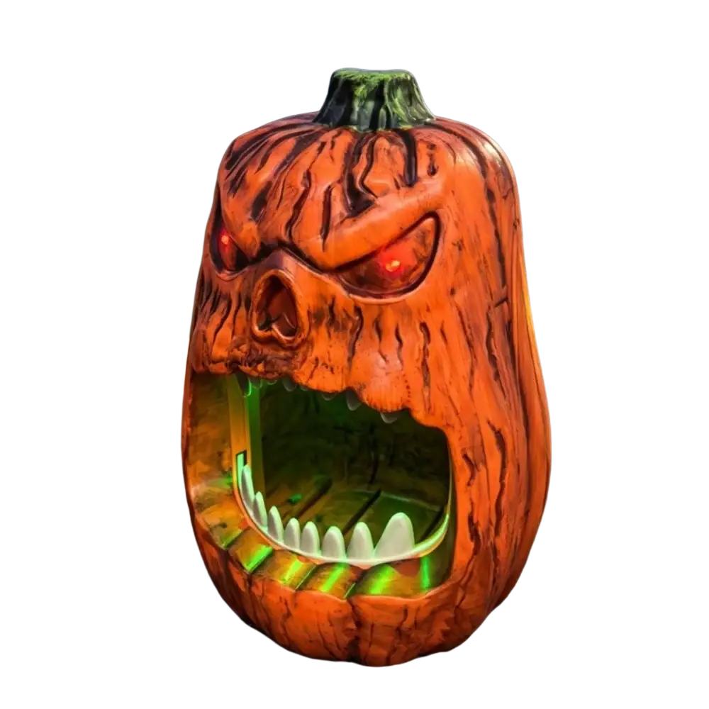 Orange halloween skull pumpkin candy storage box with menacing glowing red eyes and green led illuminated teeth