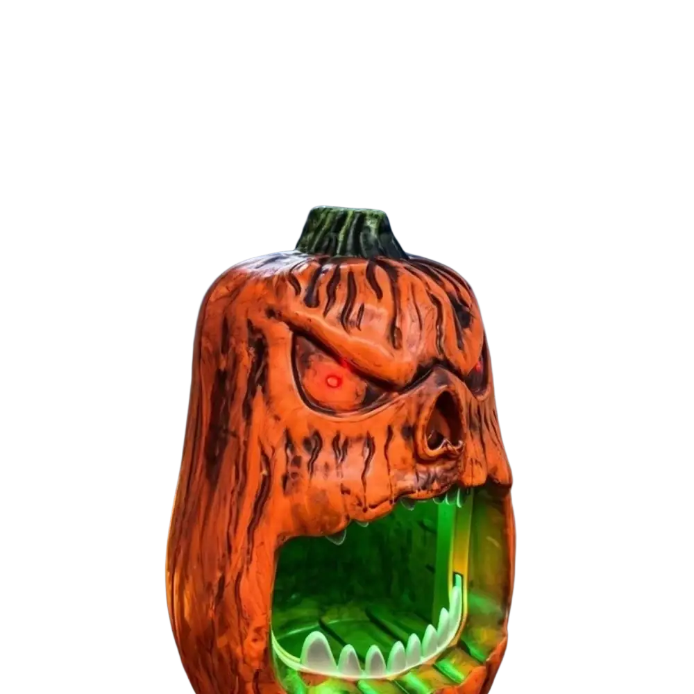 Halloween skull pumpkin candy storage box with glowing red eyes green interior lights and menacing design
