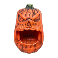Orange plastic halloween skull pumpkin candy storage box with menacing face and glowing eyes