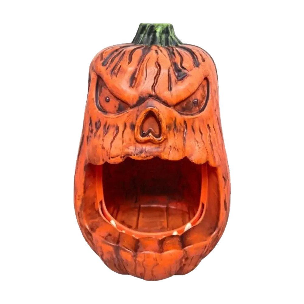 Orange plastic halloween skull pumpkin candy storage box with menacing face and glowing eyes