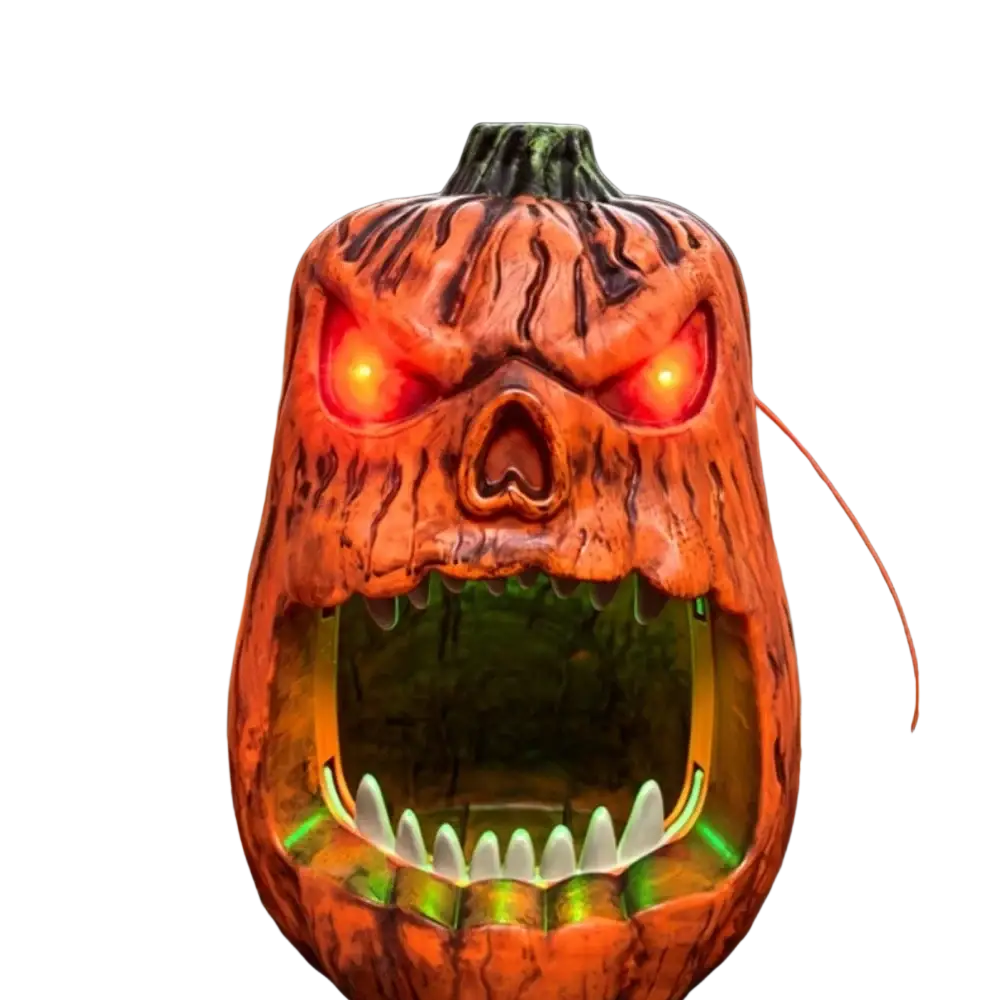 Orange plastic Halloween skull pumpkin candy storage box with glowing red eyes and green LED illuminated sharp teeth