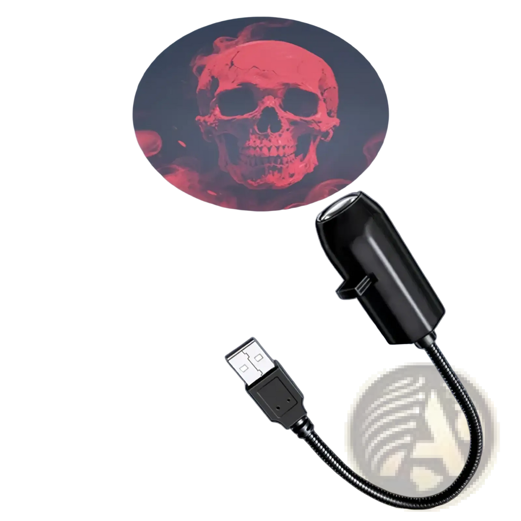 Black usb-powered halloween skull projection light with flexible cord casting red skull images on walls or ceilings