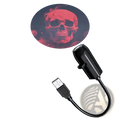 Black usb-powered halloween skull projection light with flexible cord casting red skull images on walls or ceilings
