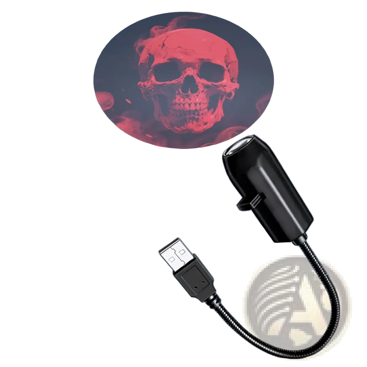 Black usb-powered halloween skull projection light with flexible cord casting red skull images on walls or ceilings