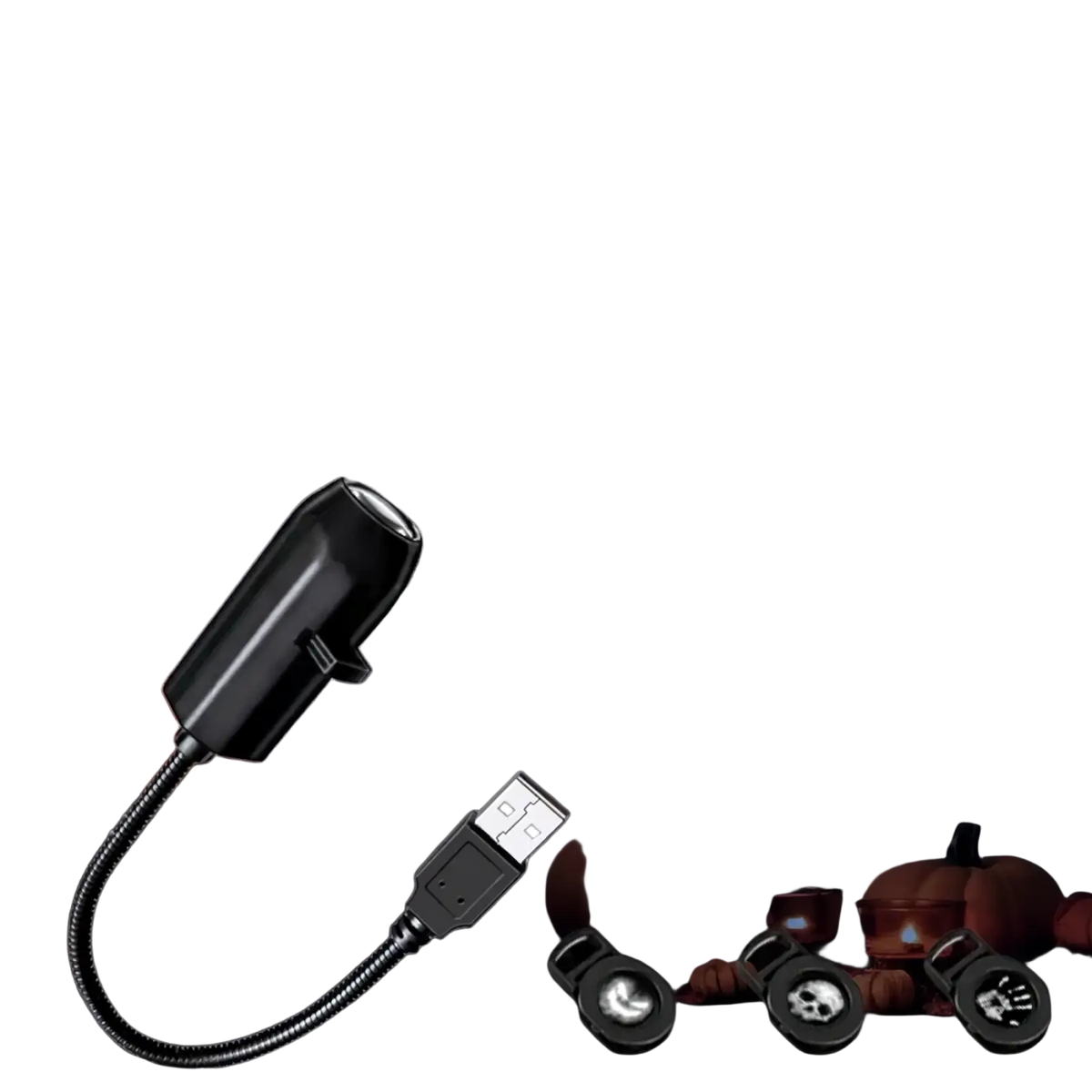 Black usb-powered halloween skull projection light with flexible metal hose and interchangeable spooky face attachments