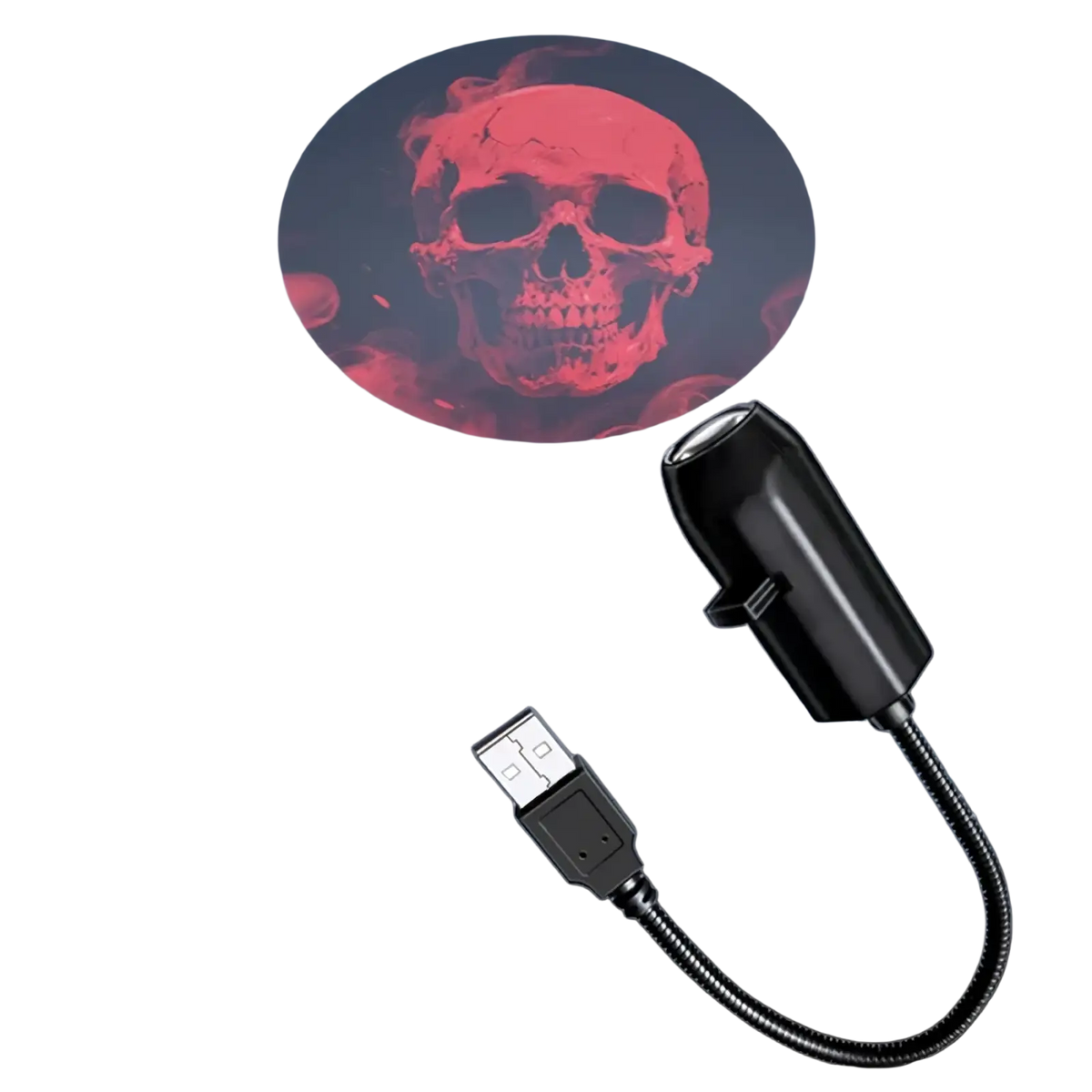 Black usb-powered halloween skull projection light with flexible cord casting red skull images on walls or ceilings