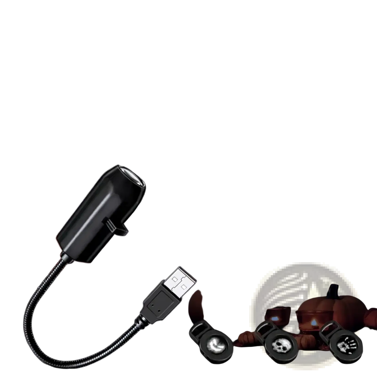 Black usb-powered halloween skull projection light with flexible metal hose and interchangeable spooky face attachments