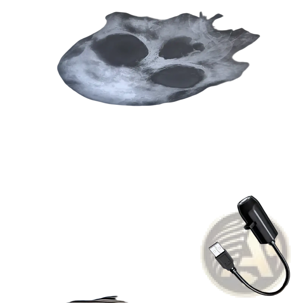 Black usb-powered ceiling projector casting a ghostly white skull shadow for halloween decoration lighting