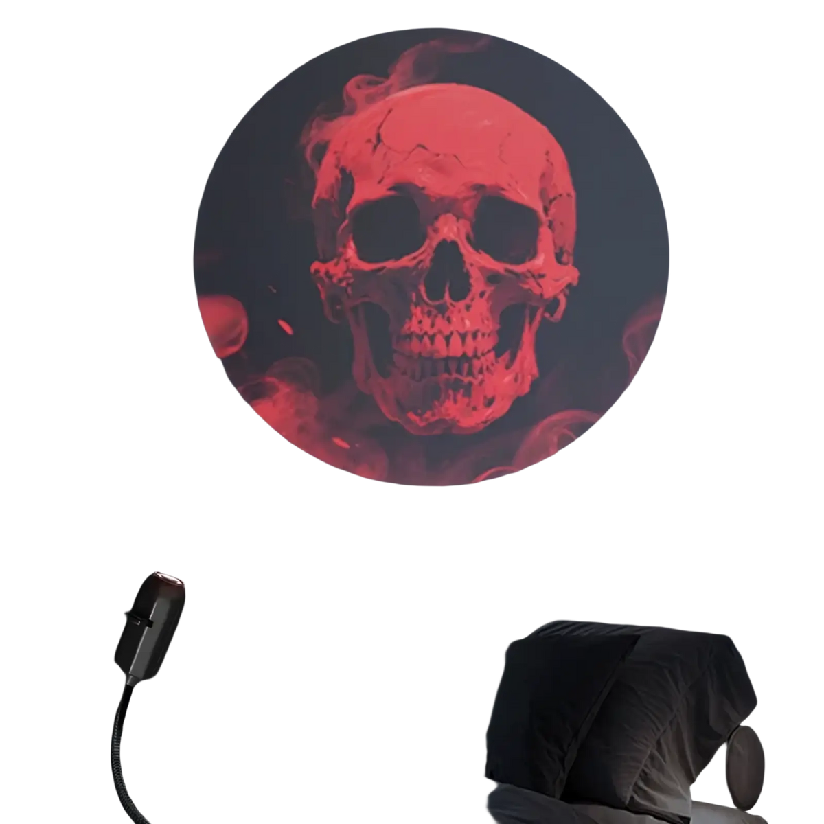 Halloween skull usb projection light casting a red glowing skull image on a dark wall above a bed