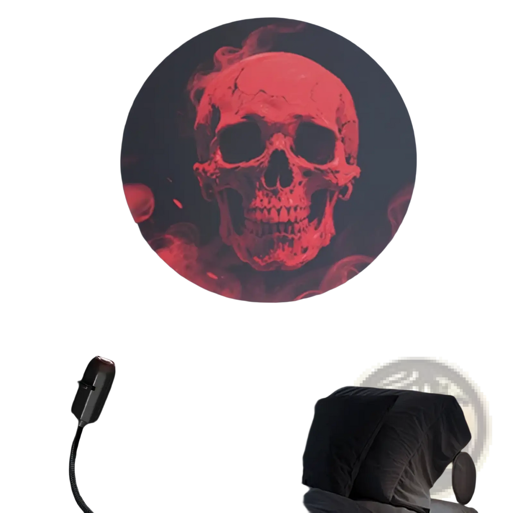 Halloween skull usb projection light casting a red glowing skull image on a dark wall above a bed