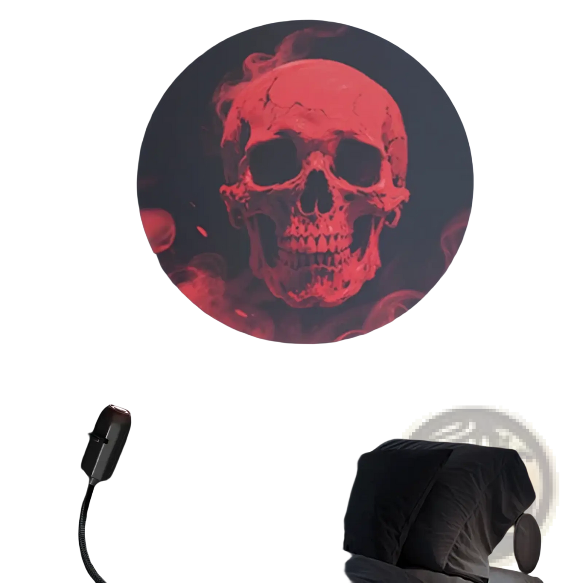 Halloween skull usb projection light casting a red glowing skull image on a dark wall above a bed