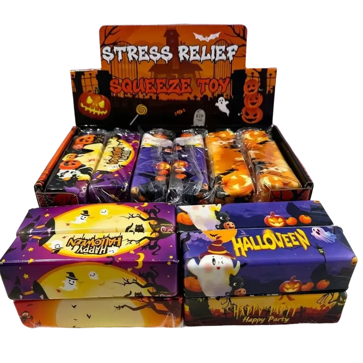 Halloween slow rising butter squishy toys in colorful pumpkin and ghost designs packaged for stress relief play