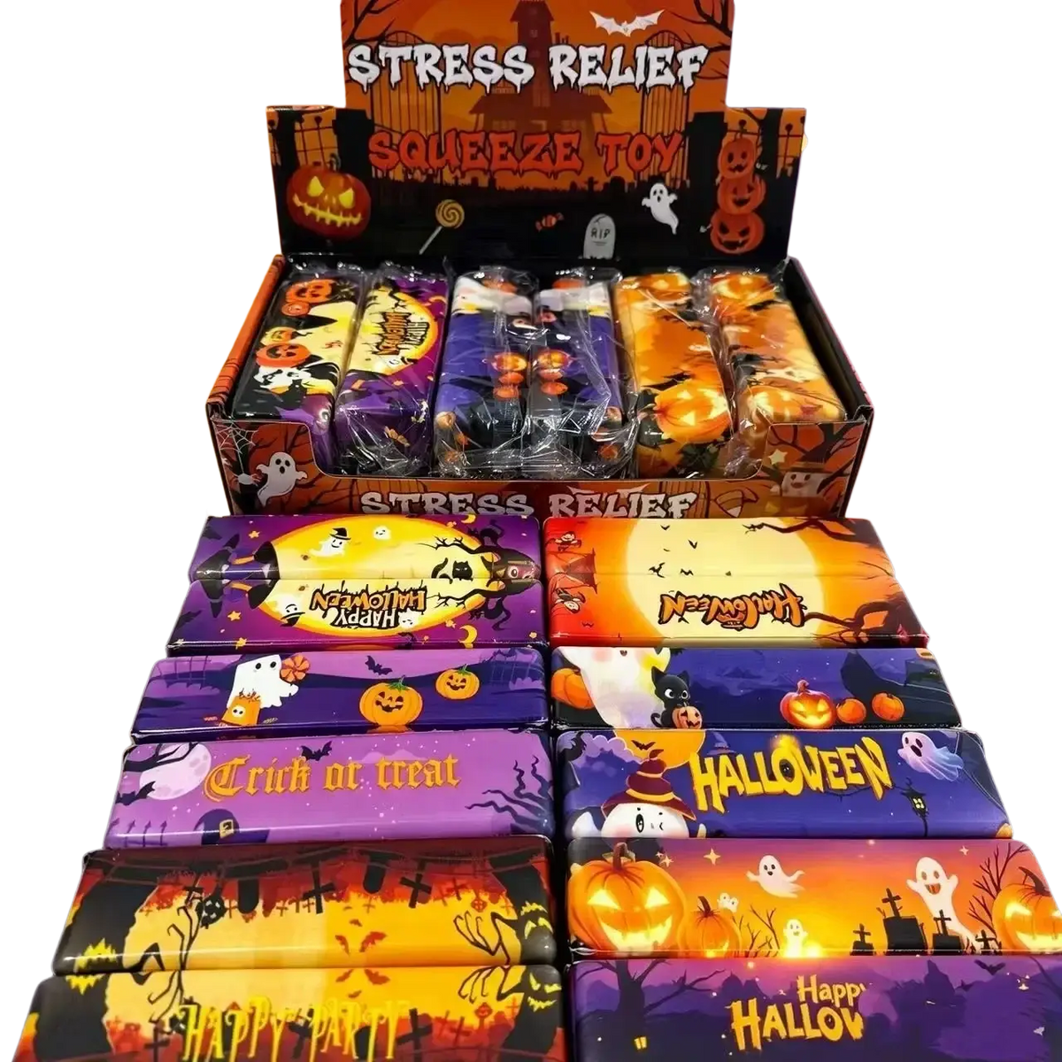 Halloween slow rising butter squishy toys in colorful packaging featuring jack o lanterns ghosts and bats for stress relief