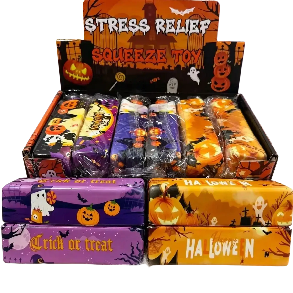 Halloween slow rising butter squishy toy set of colorful pumpkin and ghost stress relief squeeze toys in packaging