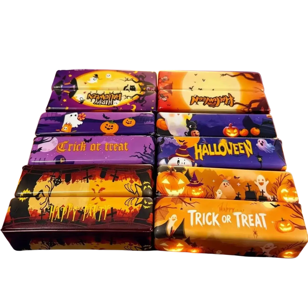 Halloween slow rising butter squishy toy in colorful tissue boxes with pumpkins ghosts and bats purple orange black design