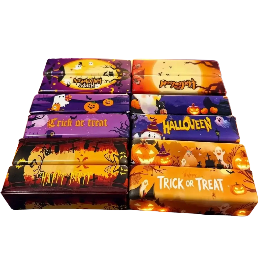 Halloween slow rising butter squishy toy tissue boxes with vibrant orange purple and black pumpkin ghost and bat designs