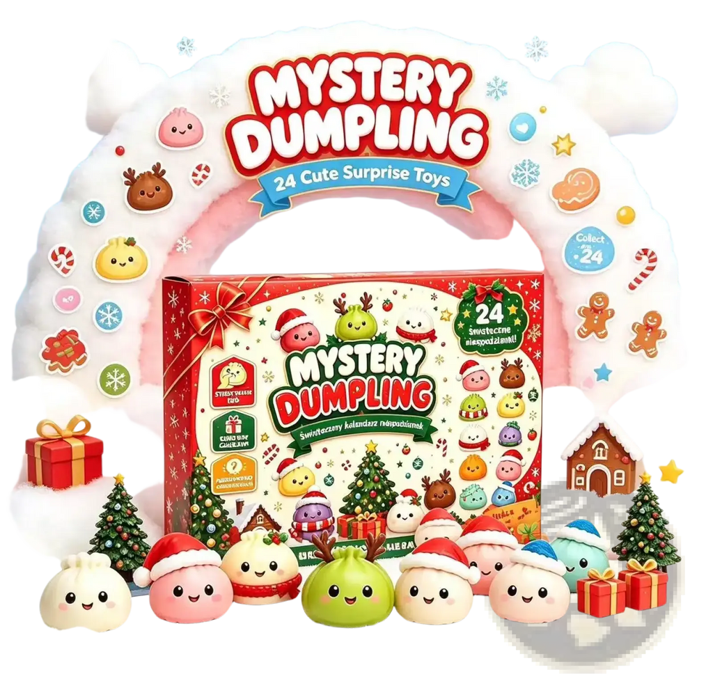 A festive red and white mystery dumpling advent calendar box with 24 holiday surprise toys and themed stickers