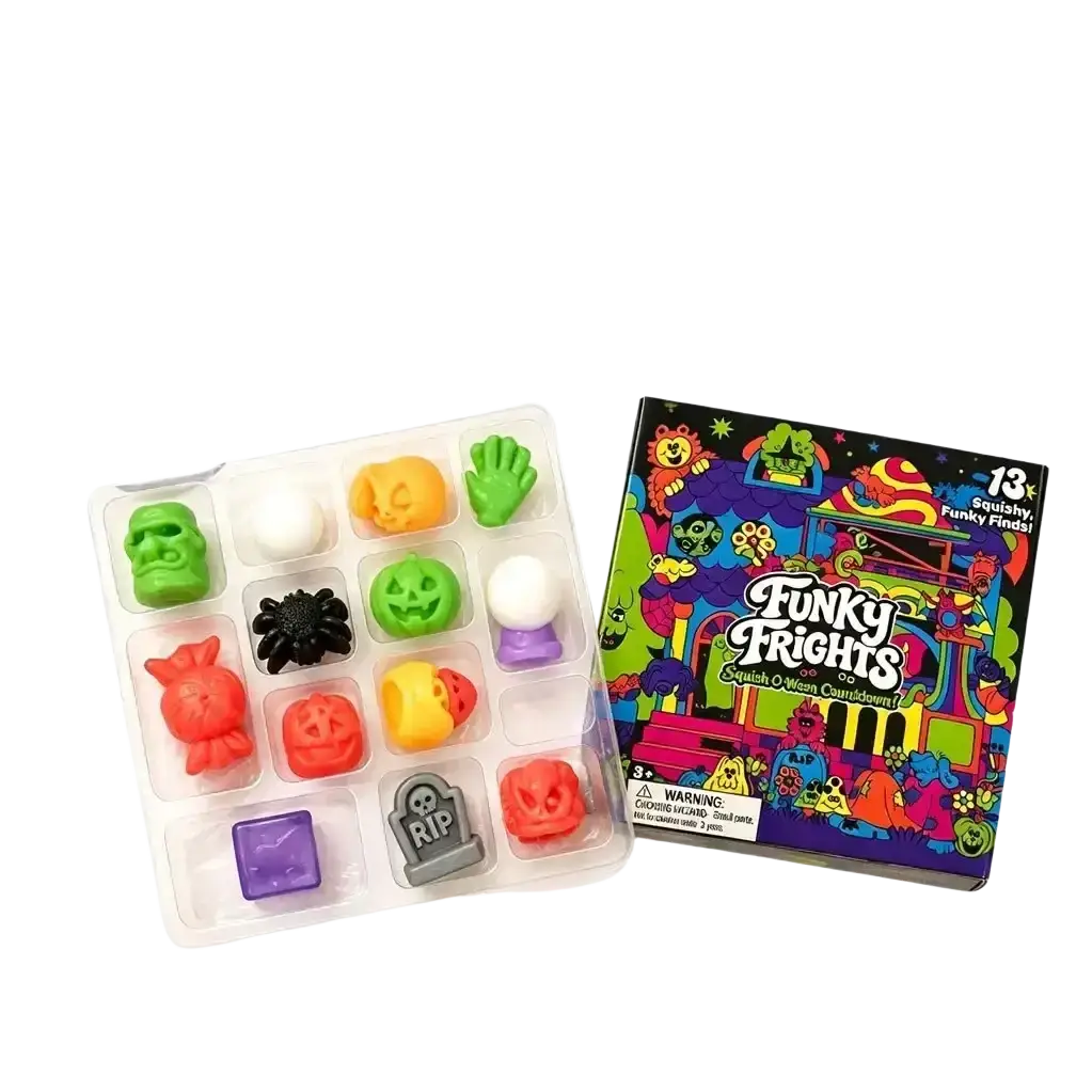A colorful set of 13 halloween squishy toys in a clear tray featuring pumpkins skulls and spiders for a squishy advent calendar