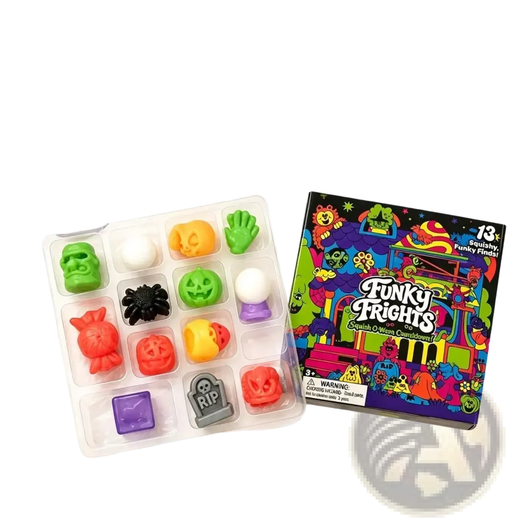 A colorful set of 13 squishy halloween-themed funky frights toys in a clear tray with vibrant illustrated box for 13 day countdown