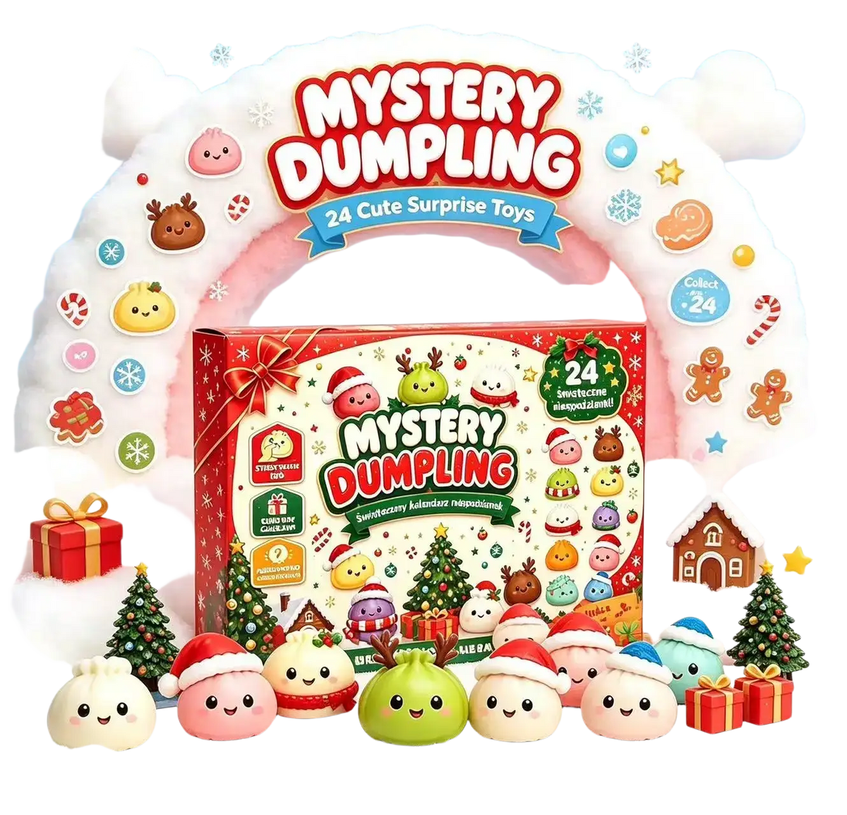 A festive red and white mystery dumpling advent calendar box with 24 holiday surprise toys and themed stickers