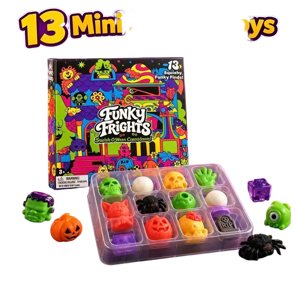 Funky frights halloween squishy advent calendar 13 day countdown with 13 colorful mini squishy toys in transparent tray