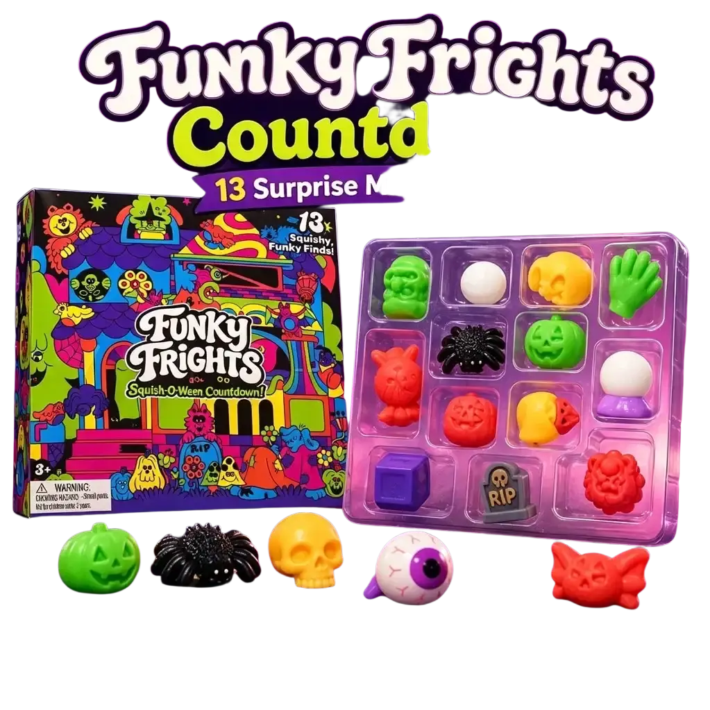 Halloween squishy advent calendar 13 day countdown with 13 colorful squishy mini halloween-themed plushies in tray