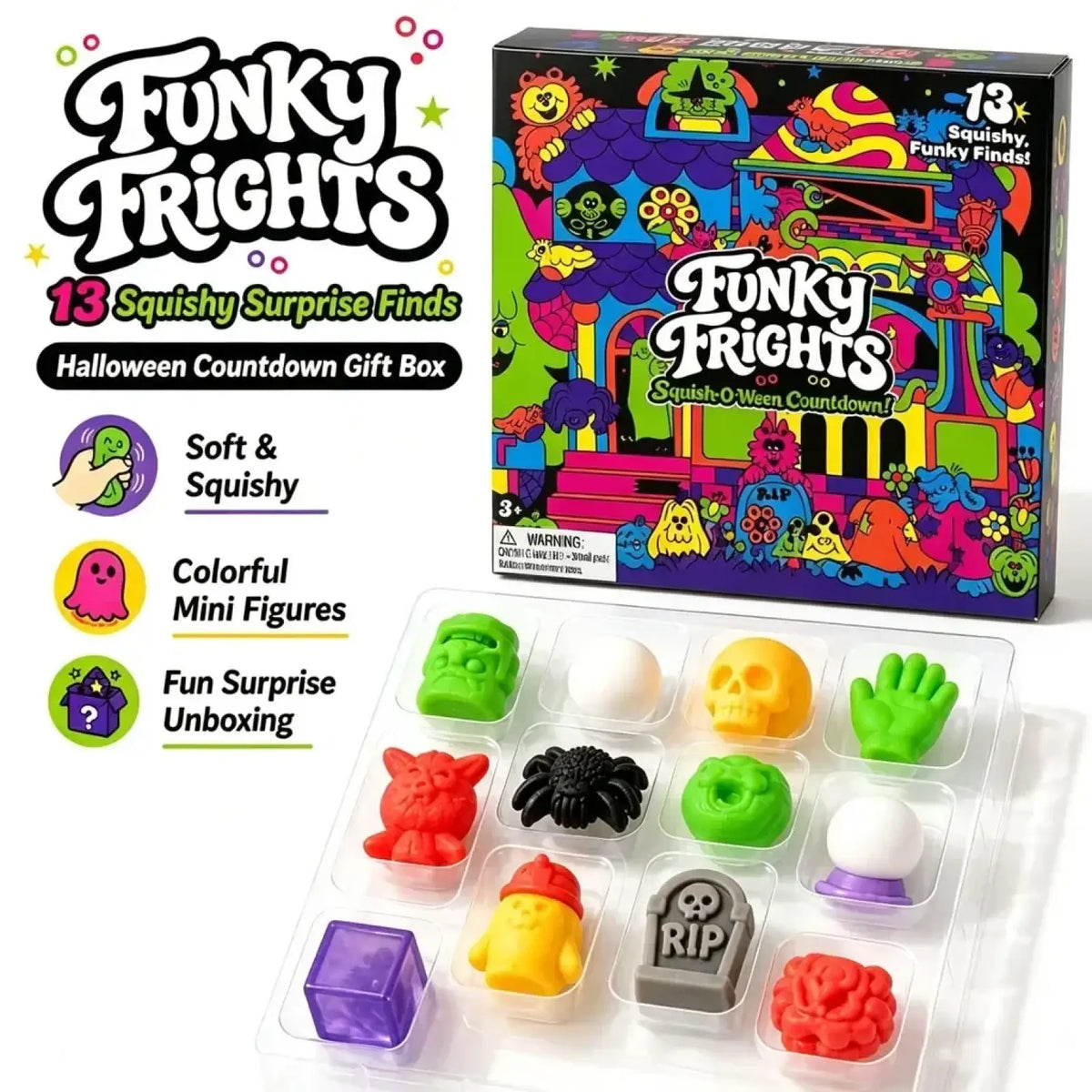 Funky frights halloween squishy advent calendar countdown box with 13 colorful soft mini figures in clear tray
