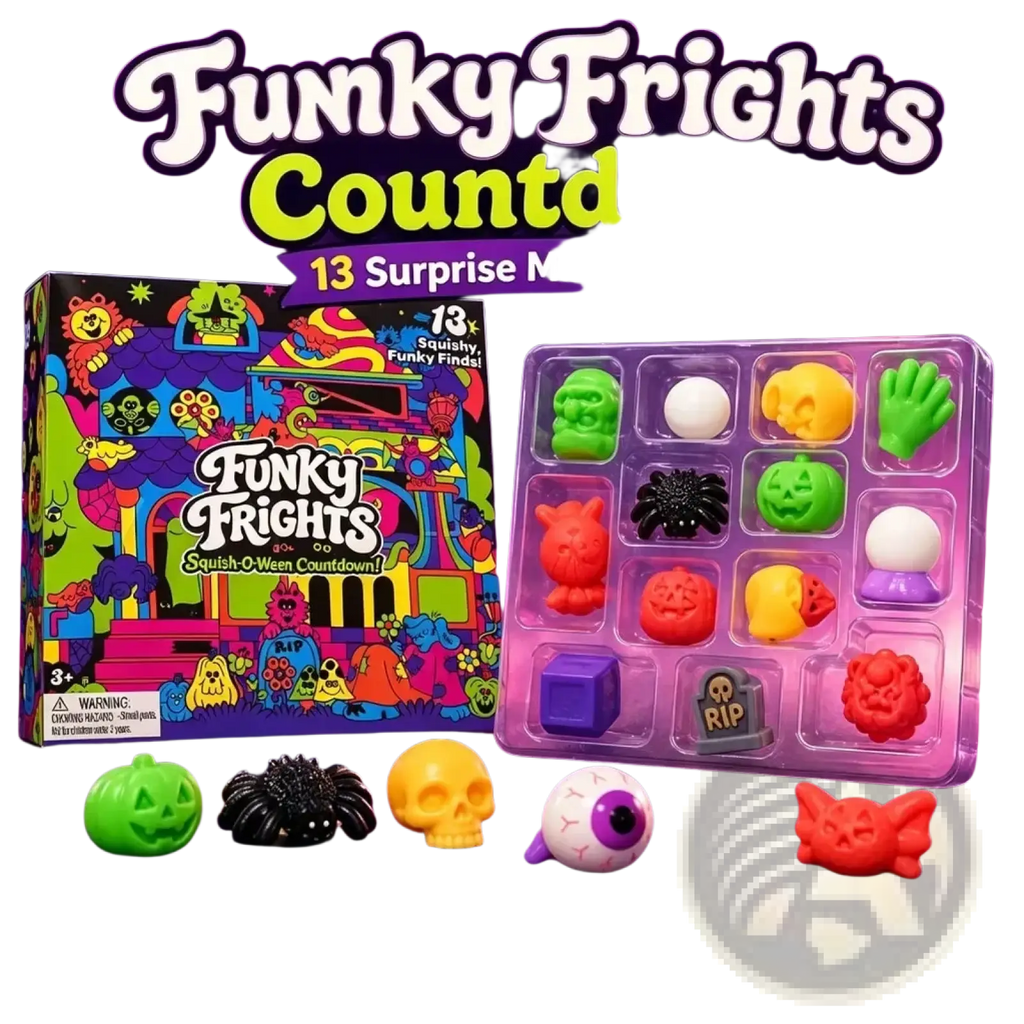 Halloween squishy advent calendar 13 day countdown with 13 colorful squishy mini halloween-themed plushies in tray