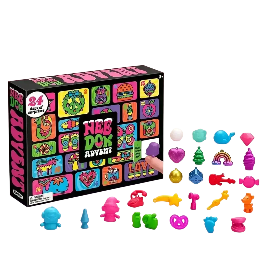 The Hee Doh black Halloween squishy advent calendar box with colorful toy illustrations and 24 days of surprises text