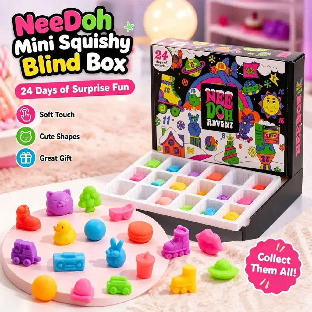 Needoh mini squishy halloween advent calendar featuring 24 colorful soft-touch squishy toys in animal and vehicle shapes