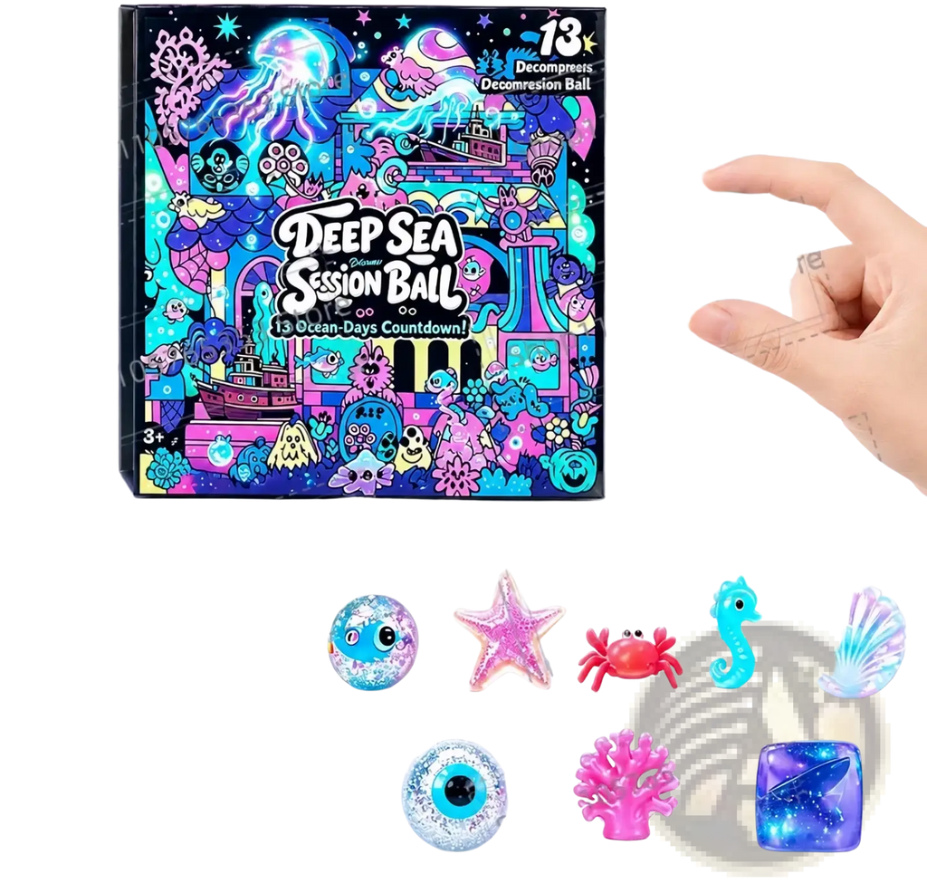 A vibrant cartoon-themed deep sea session ball toy set with 13 colorful translucent ocean creature figurines for stress relief