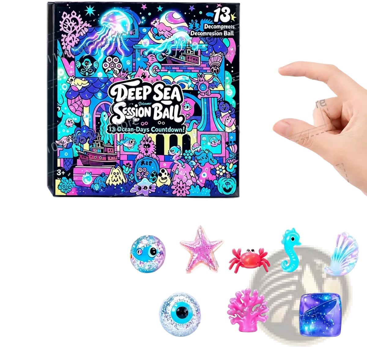 A vibrant cartoon-themed deep sea session ball toy set with 13 colorful translucent ocean creature figurines for stress relief