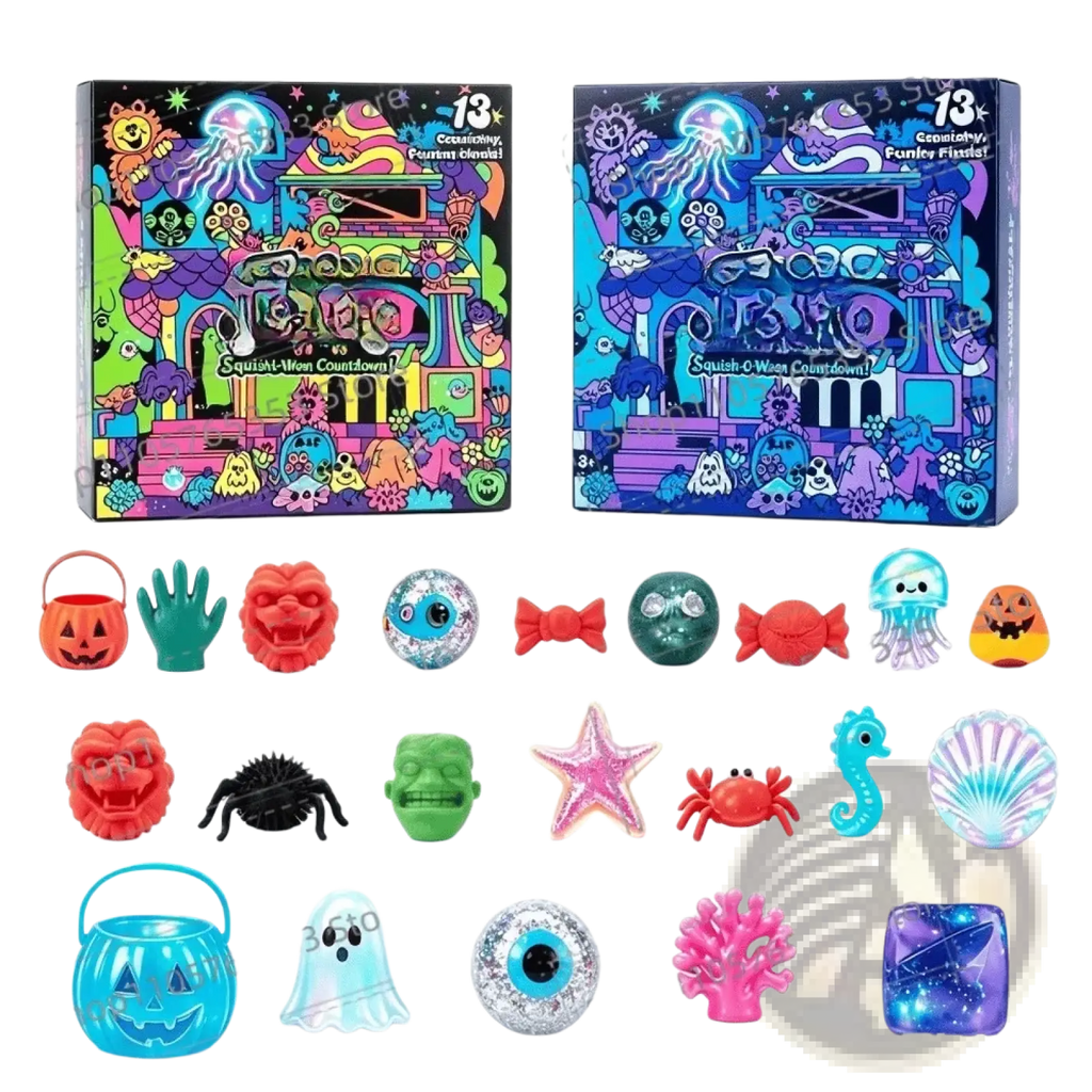 Halloween squishy advent calendar stress relief gift box with colorful halloween-themed pumpkins ghosts spiders and jellyfish