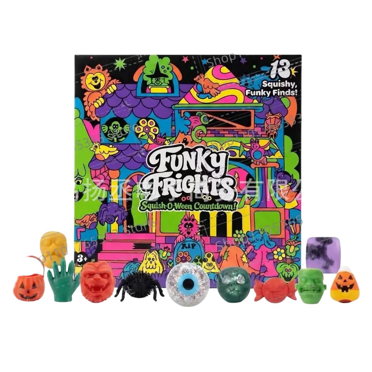 Colorful Halloween squishy advent calendar featuring 13 funky squishy stress relief finds for countdown fun