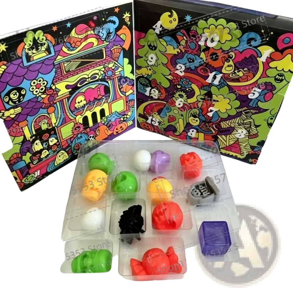Colorful cartoon-themed halloween squishy advent calendar with numbered doors and assorted plastic skull charms tray