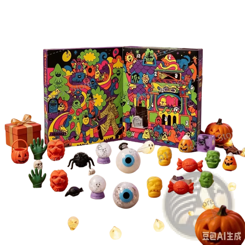 Vibrant halloween squishy advent calendar with colorful cartoon monsters and spooky psychedelic scenes on front