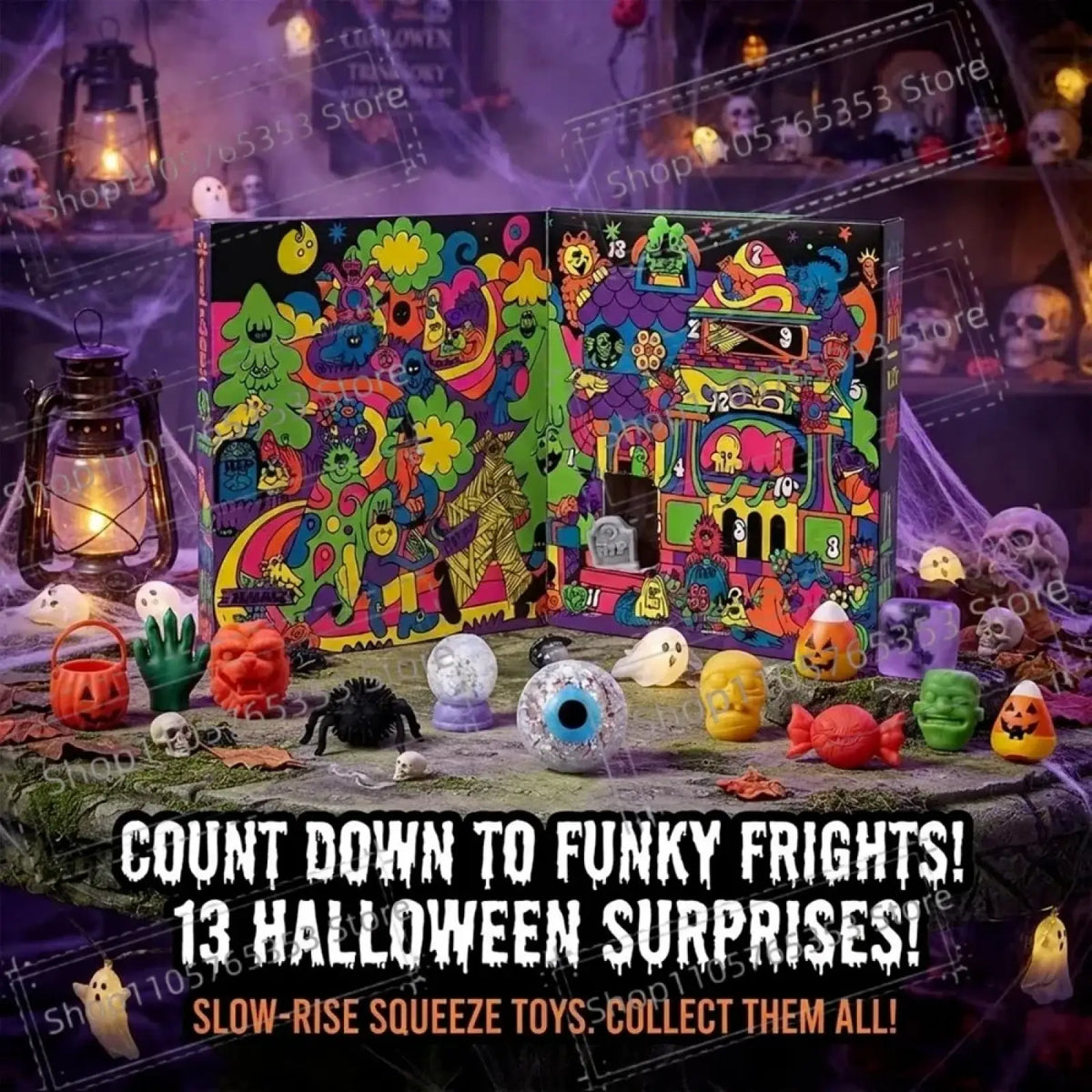 A vibrant colorful halloween squishy advent calendar with 13 numbered doors and assorted slow-rise toys for stress relief