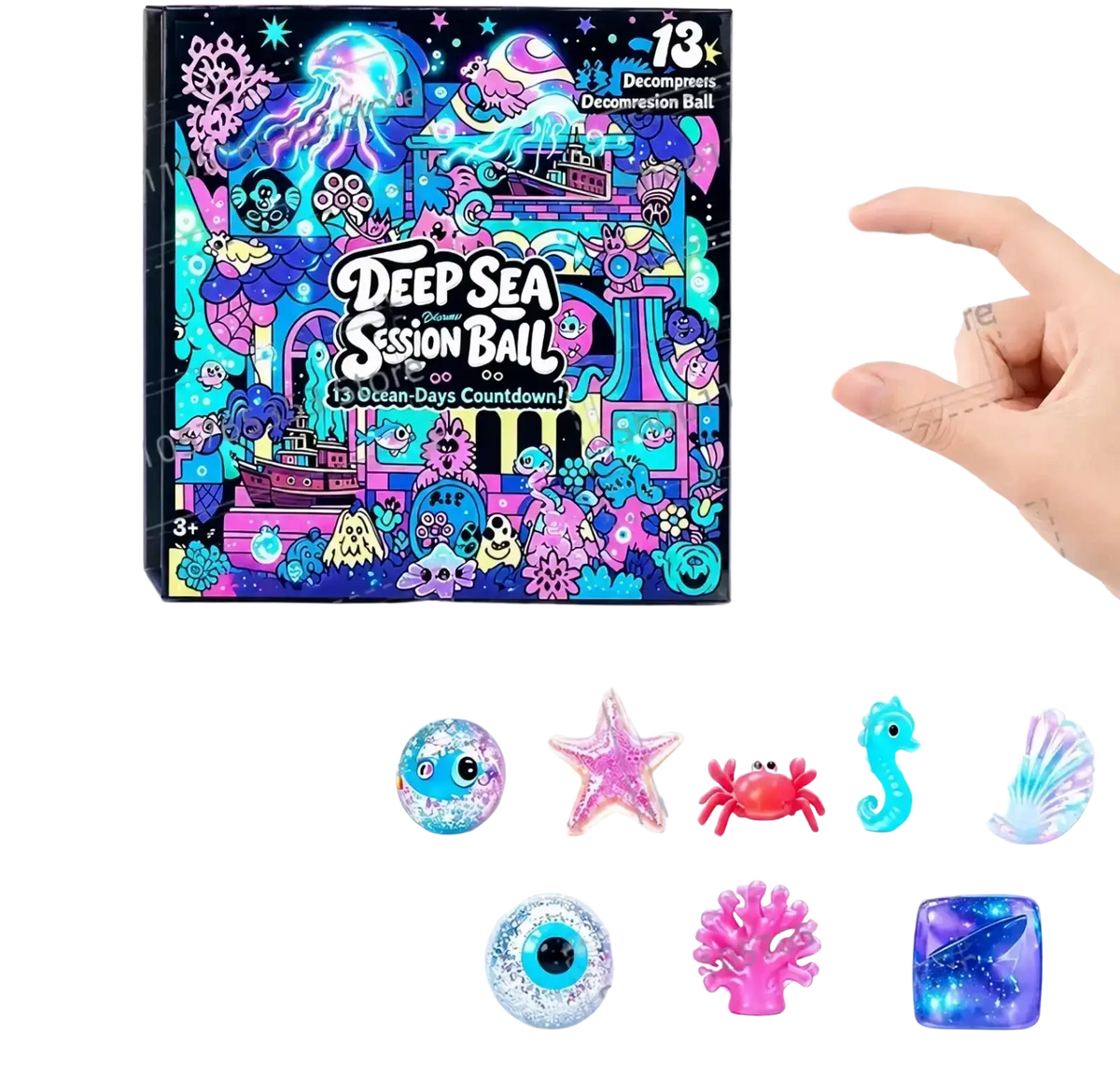 Vibrant neon ocean-themed decompression ball set with 13 collectible sea creature charms in halloween squishy advent calendar