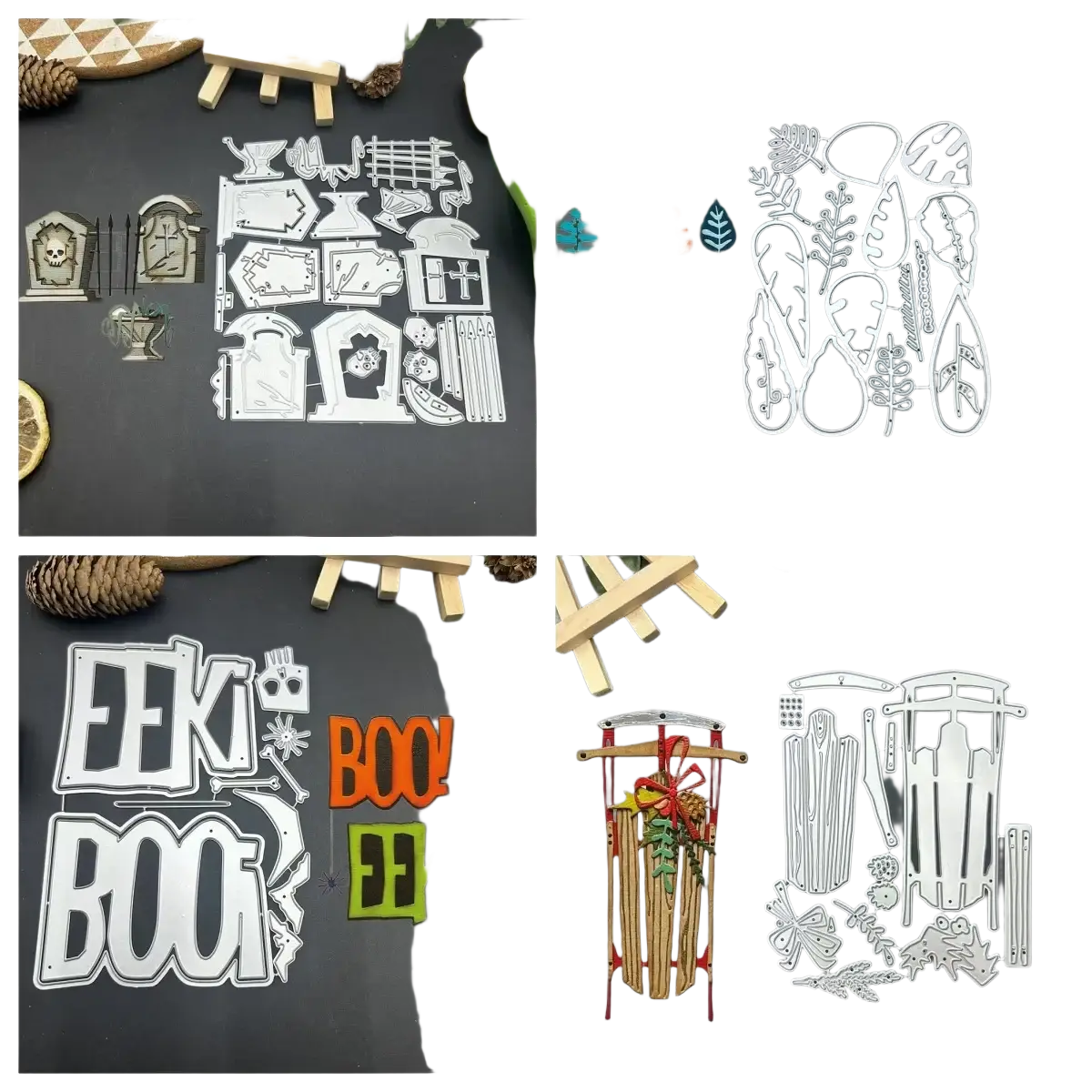 Set of halloween tombstone metal cutting dies featuring spooky graves colorful leaves and festive phrases in silver steel