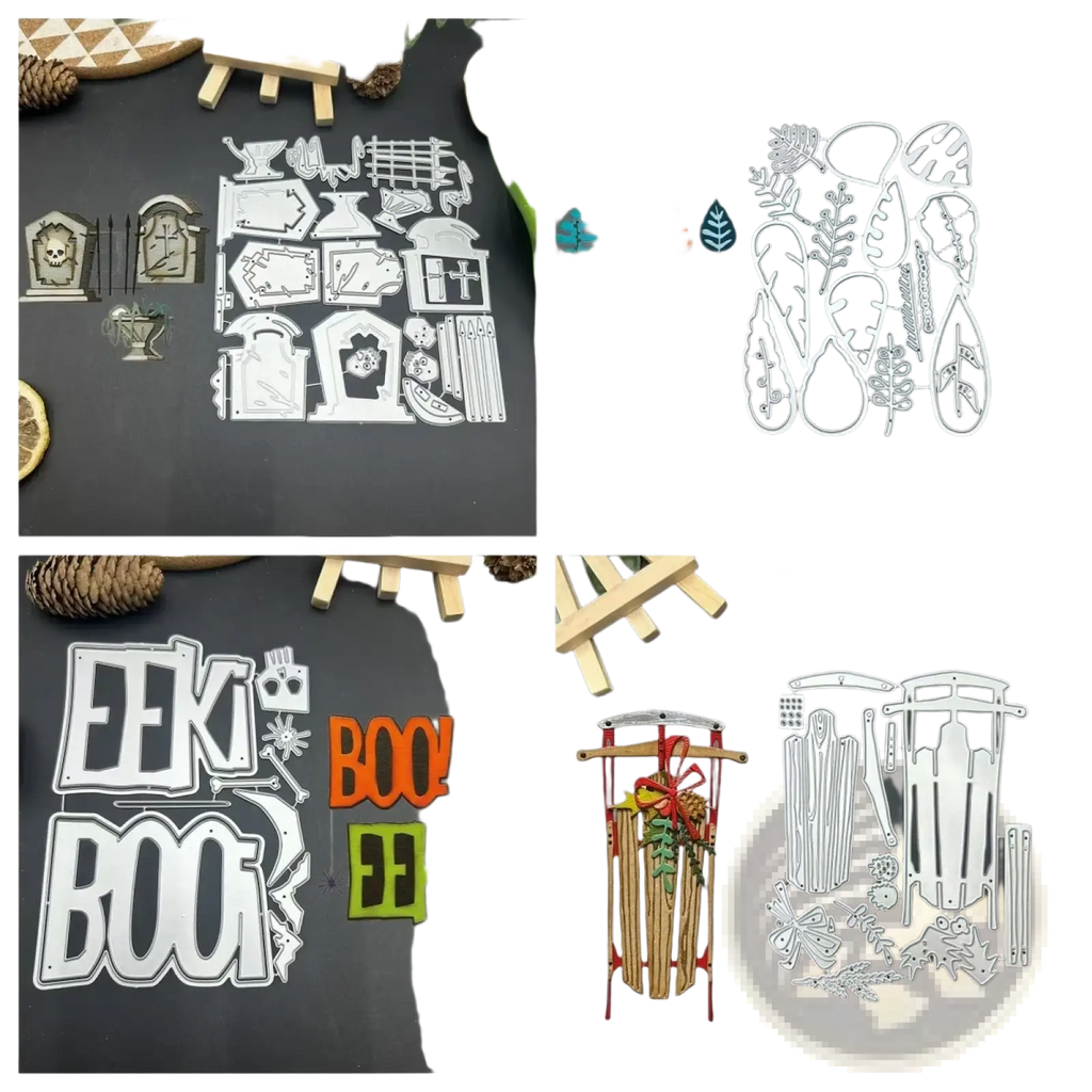 Set of halloween tombstone metal cutting dies featuring spooky graves colorful leaves and festive phrases in silver steel