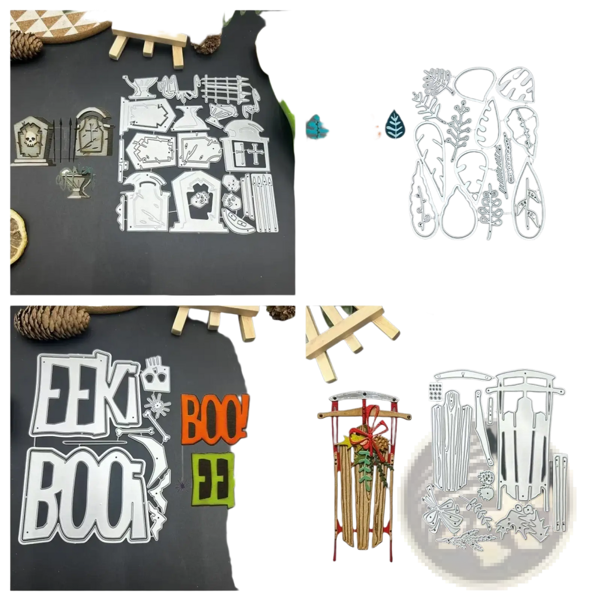Set of halloween tombstone metal cutting dies featuring spooky graves colorful leaves and festive phrases in silver steel